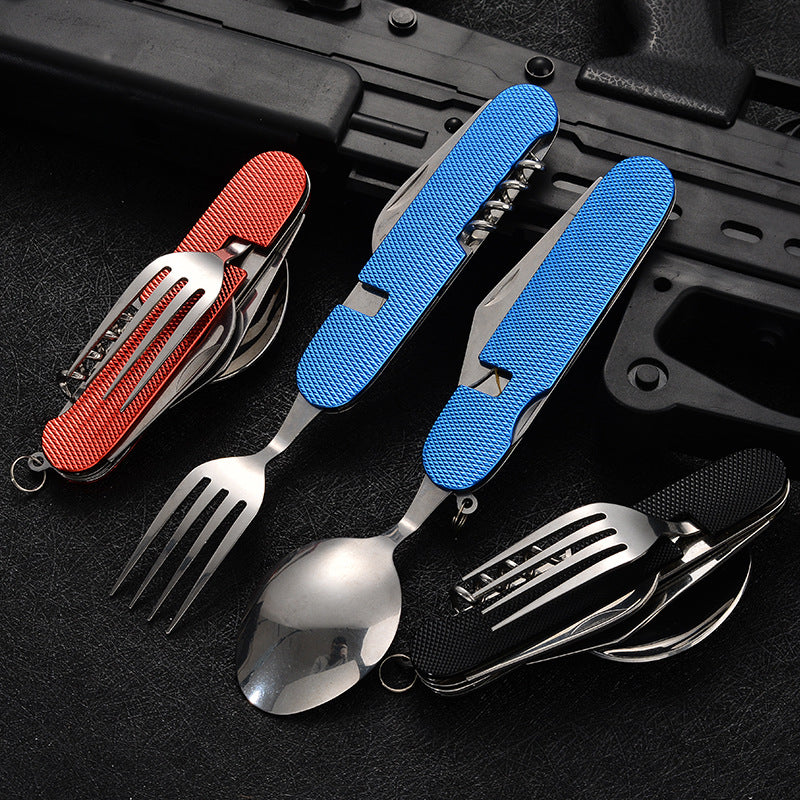 Multi-functional Foldable Detachable Combination Cutlery Set, Outdoor Hiking Travel Utensils with Multi-opening Aluminum Handle, Gift Fruit Knife