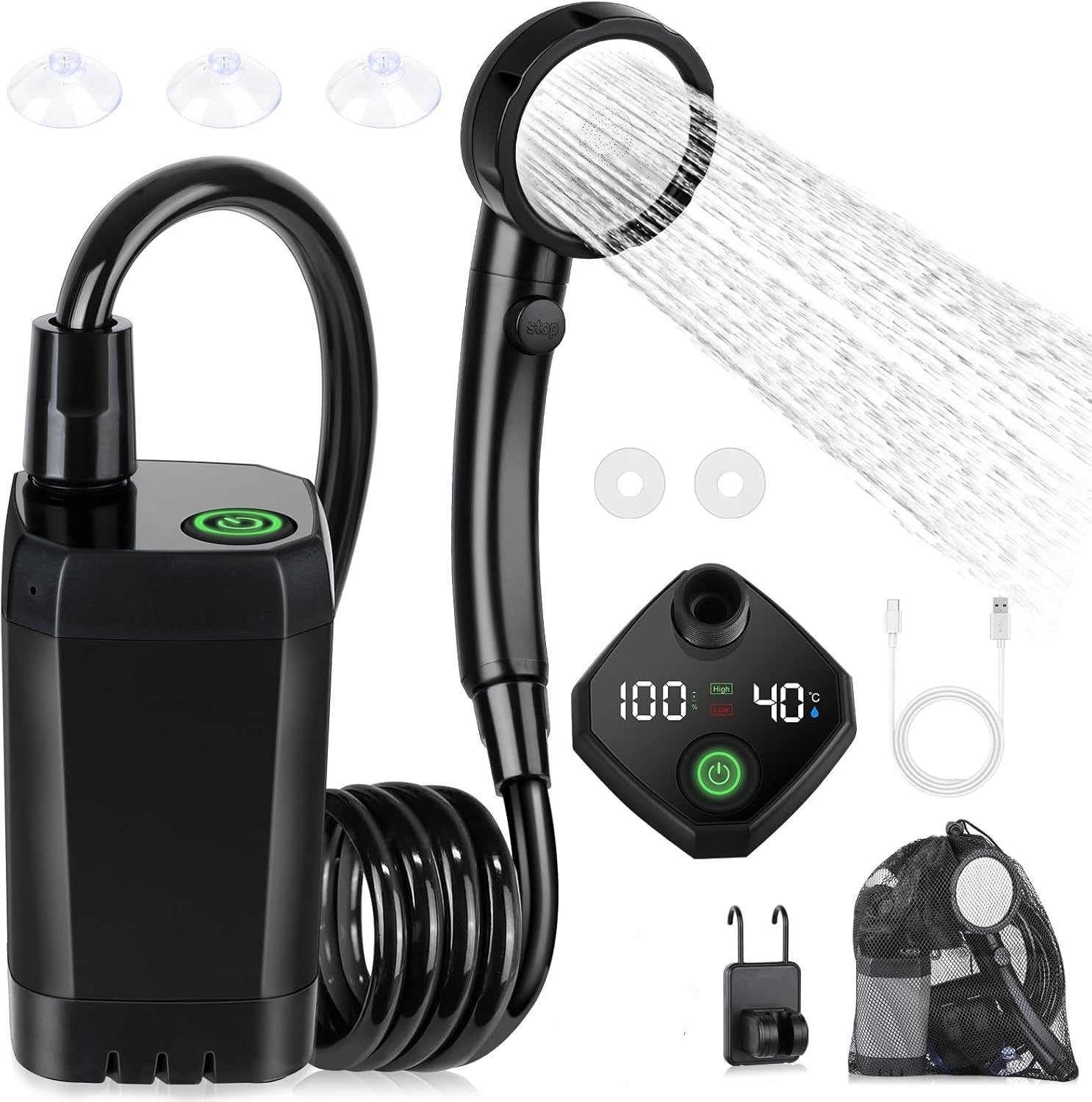 Portable Outdoor Shower Kit, 6000mAh Rechargeable Water Pump with Display for Camping & Pet Bath