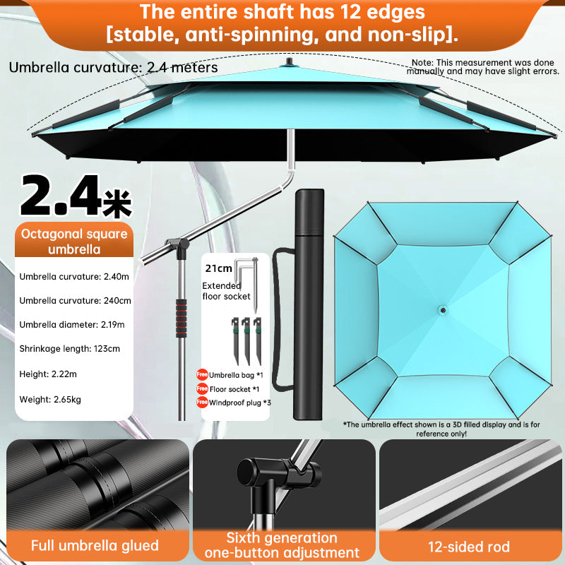 2.0-2.6m Octagonal Fishing Umbrella Portable Beach Sun Shade Camping Parasol UV Waterproof with Carry Bag