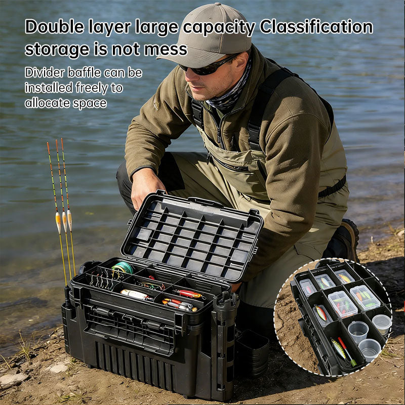 Portable 2-Layer Fishing Tackle Box, Adjustable Compartment Tackle Bag with Rod & Cup Holder