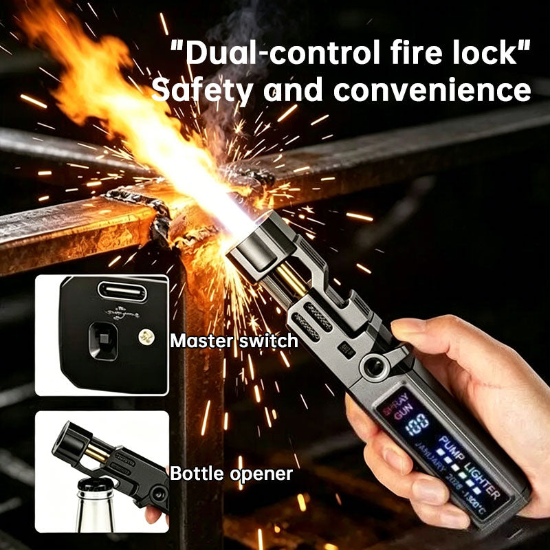 Windproof High‑Temperature High‑Power Outdoor Torch Lighter with LED Digital Display, Metal Body & Bottle Opener