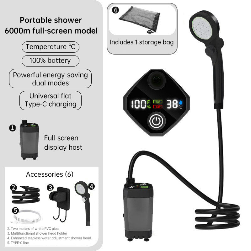 Portable Outdoor Shower Kit, 6000mAh Rechargeable Water Pump with Display for Camping & Pet Bath
