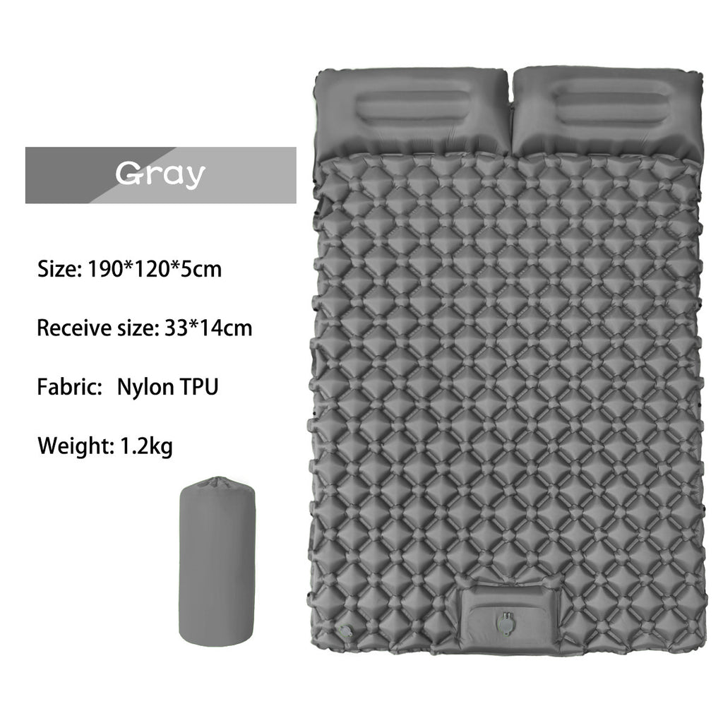 Outdoor double inflatable sleeping pad – with built-in pillow & pump, for camping, backpacking, hiking.