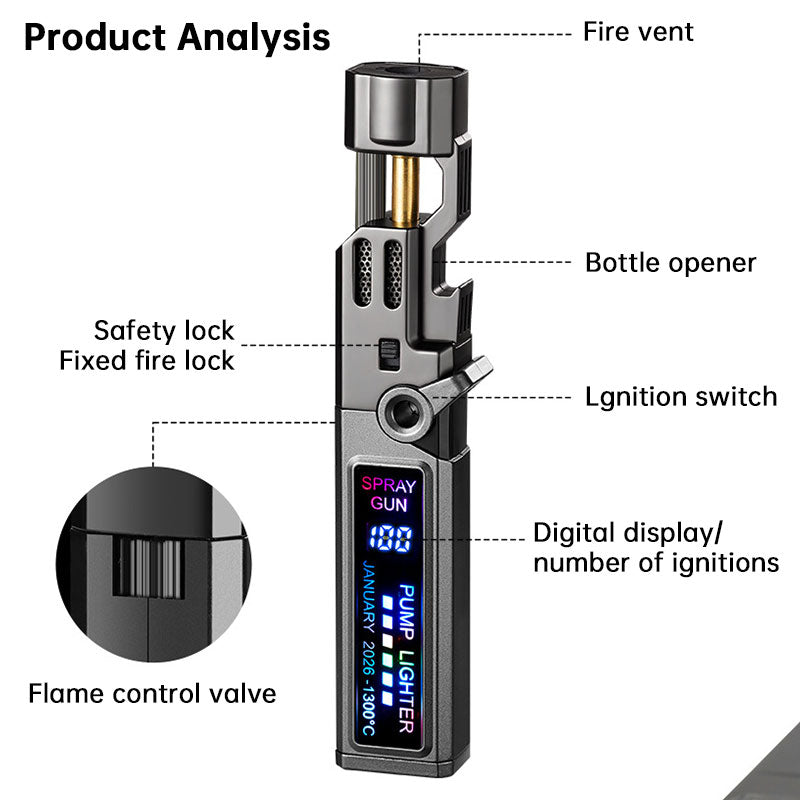 Windproof High‑Temperature High‑Power Outdoor Torch Lighter with LED Digital Display, Metal Body & Bottle Opener